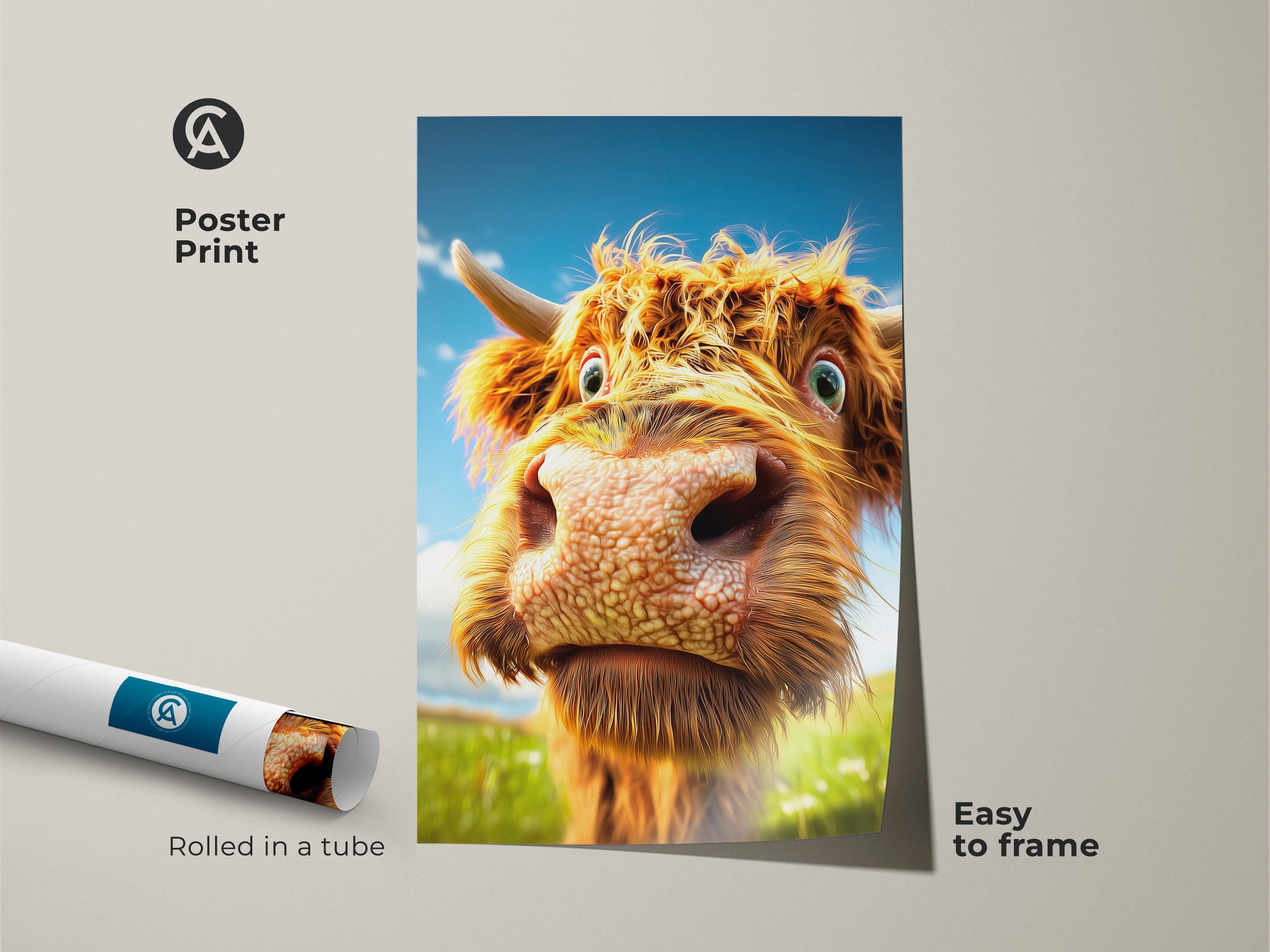 A poster print showcases a funny cow face. It's an expressive animal artwork rolled in a tube. This bright blue sky cow art is easy to frame. Perfect as whimsical farm animal art.