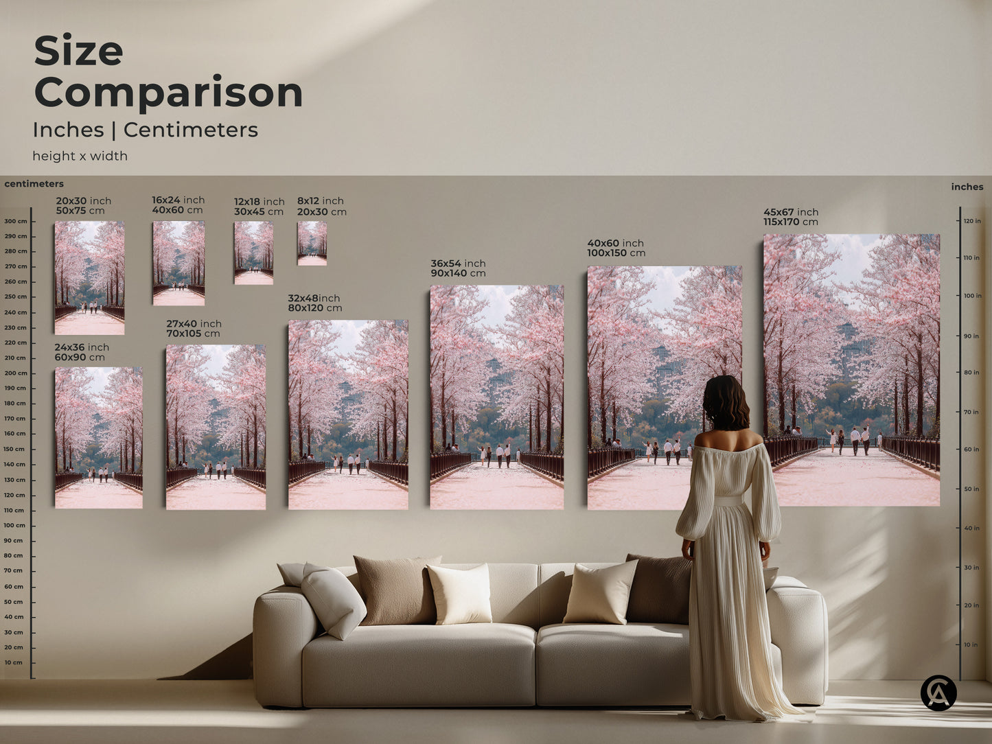Compare sizes of this romantic spring walk artwork. See how each canvas and poster print fits in a living space. Sizes range from 8x12 inches to 45x67 inches. Visualize the impact of each art piece. Choose the perfect size to enhance your home decor.