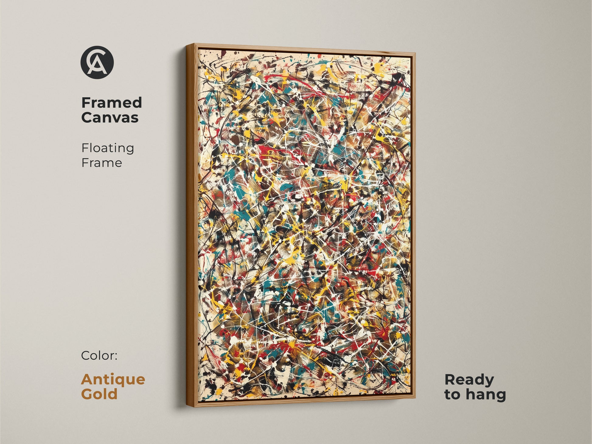 Framed canvas print featuring abstract art. Antique gold floating frame enhances the artwork which is ready to hang. The painting includes splatters of red yellow teal and white. This piece brings a touch of elegance.