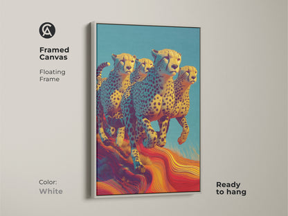 Framed canvas print featuring running cheetahs in a savanna setting is ready to hang. The wildlife artwork has a floating frame with a white finish. The yellow blue and red tones make it a unique addition to any eclectic home. This cheetah portrait makes a perfect housewarming gift.