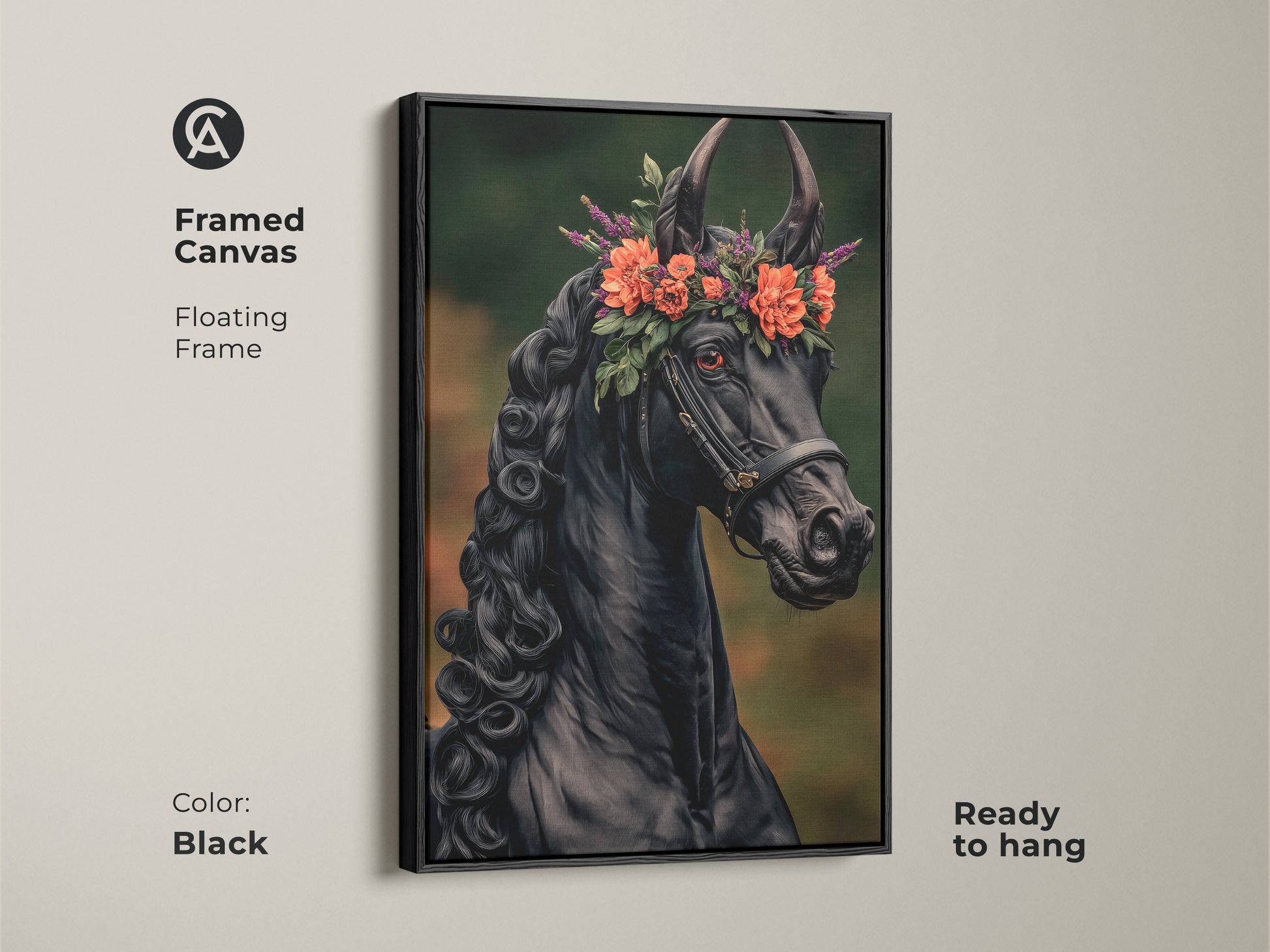 Framed black horse canvas art with a floating frame is ready to hang. This equine wall decor features a majestic black horse with a flower crown. Ideal for adding a touch of gothic elegance to your living space. Perfect gift for horse lovers.