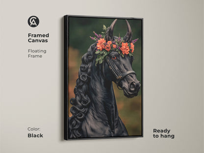 Framed black horse canvas art with a floating frame is ready to hang. This equine wall decor features a majestic black horse with a flower crown. Ideal for adding a touch of gothic elegance to your living space. Perfect gift for horse lovers.