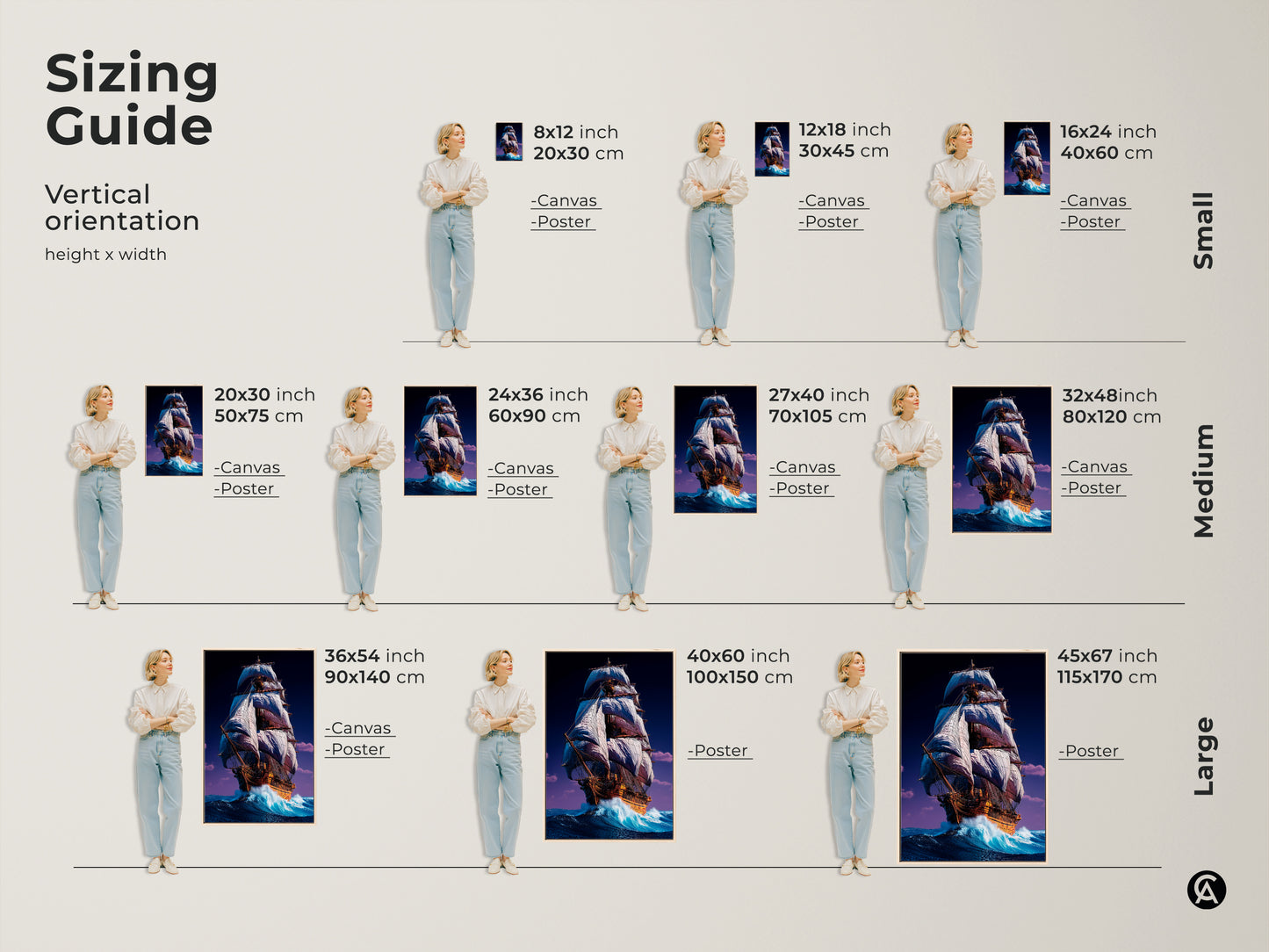 Sizing guide for nautical tall ship artwork. See the vertical orientation height and width options. Choose from canvas or poster prints. Available in small medium and large sizes. Find the perfect maritime adventure artwork for any space.