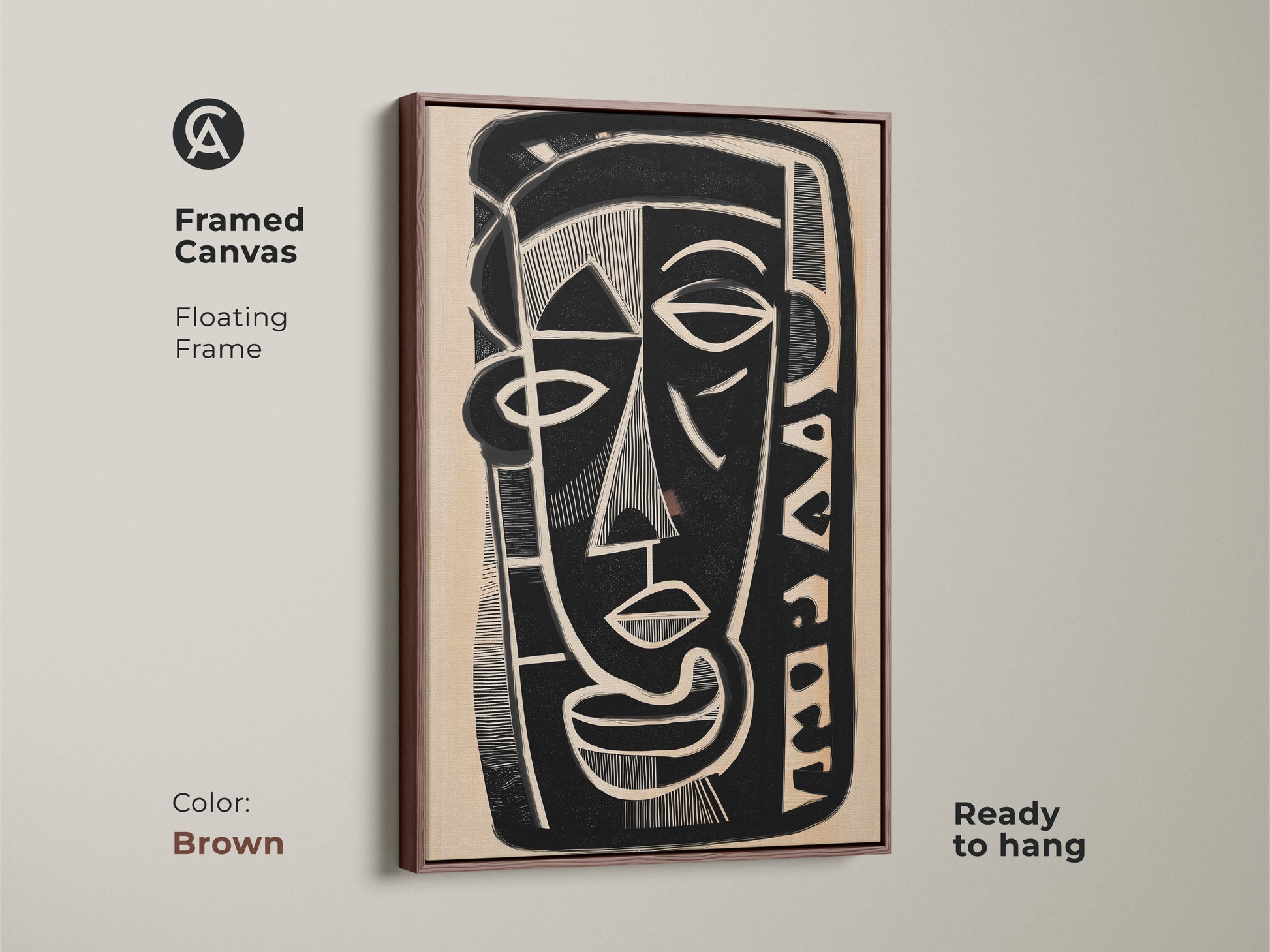 Framed canvas showcasing a cubist abstract face in black and beige. The floating frame has a brown finish and is ready to hang. Ideal for eclectic entryway decor. This modern figurative portrait makes a thoughtful housewarming gift.