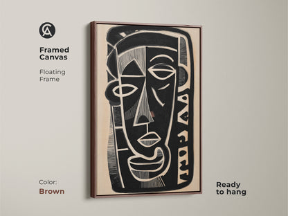 Framed canvas showcasing a cubist abstract face in black and beige. The floating frame has a brown finish and is ready to hang. Ideal for eclectic entryway decor. This modern figurative portrait makes a thoughtful housewarming gift.