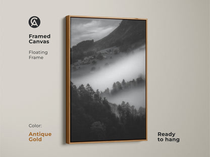 Antique gold framed canvas of a mountain village in fog. This monochrome landscape art is black and white. The contemporary wall decor is ready to hang. A fine art landscape with a floating frame.