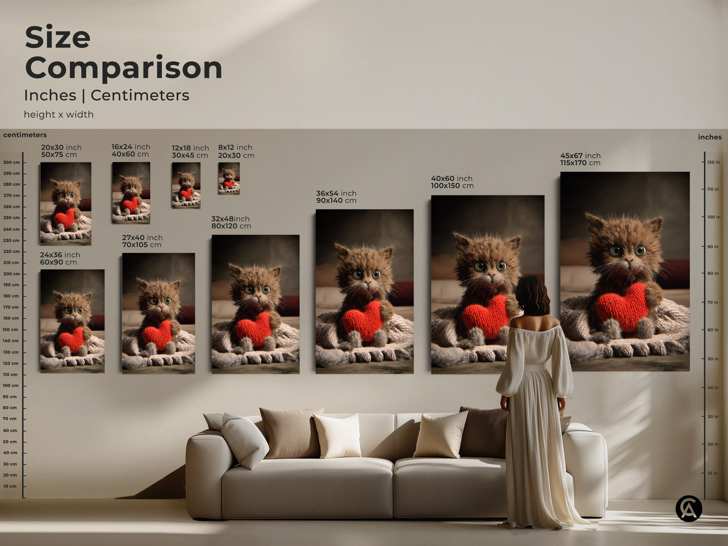 Size comparison of this adorable kitten artwork in inches and centimeters. See how the different sizes fit above a sofa. Find the perfect scale for your eclectic home decor or as a heartwarming Valentine's Day gift for an animal lover.
