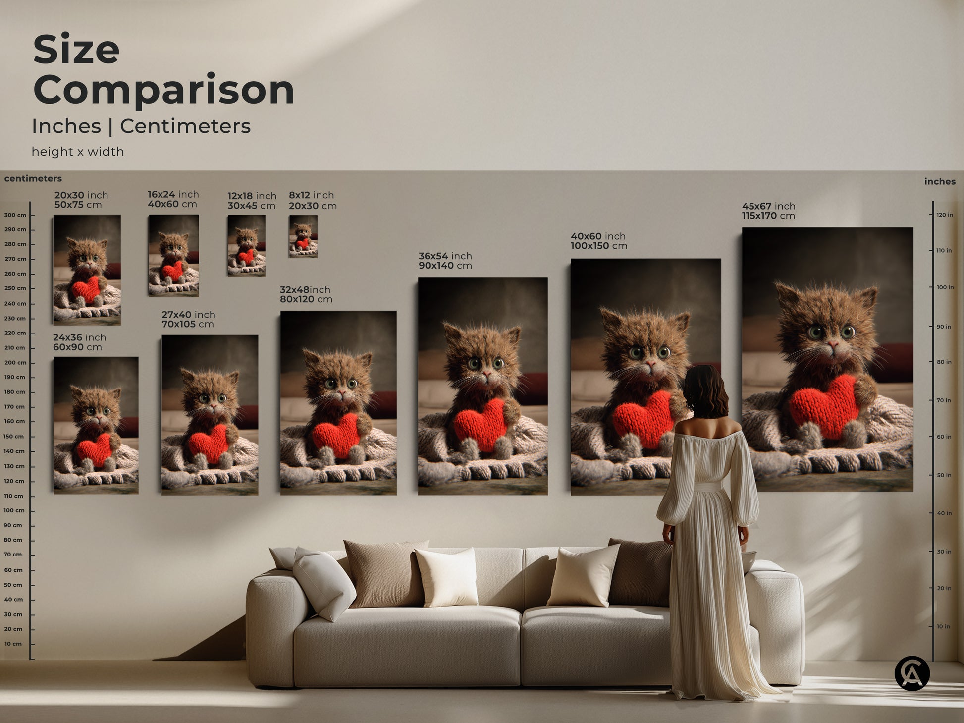 Size comparison of this adorable kitten artwork in inches and centimeters. See how the different sizes fit above a sofa. Find the perfect scale for your eclectic home decor or as a heartwarming Valentine's Day gift for an animal lover.