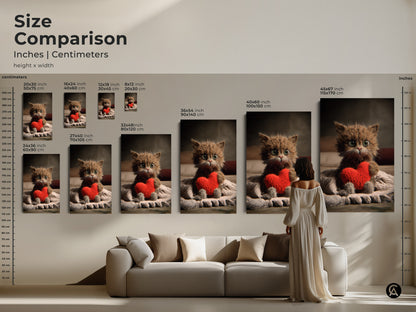 Size comparison of this adorable kitten artwork in inches and centimeters. See how the different sizes fit above a sofa. Find the perfect scale for your eclectic home decor or as a heartwarming Valentine's Day gift for an animal lover.