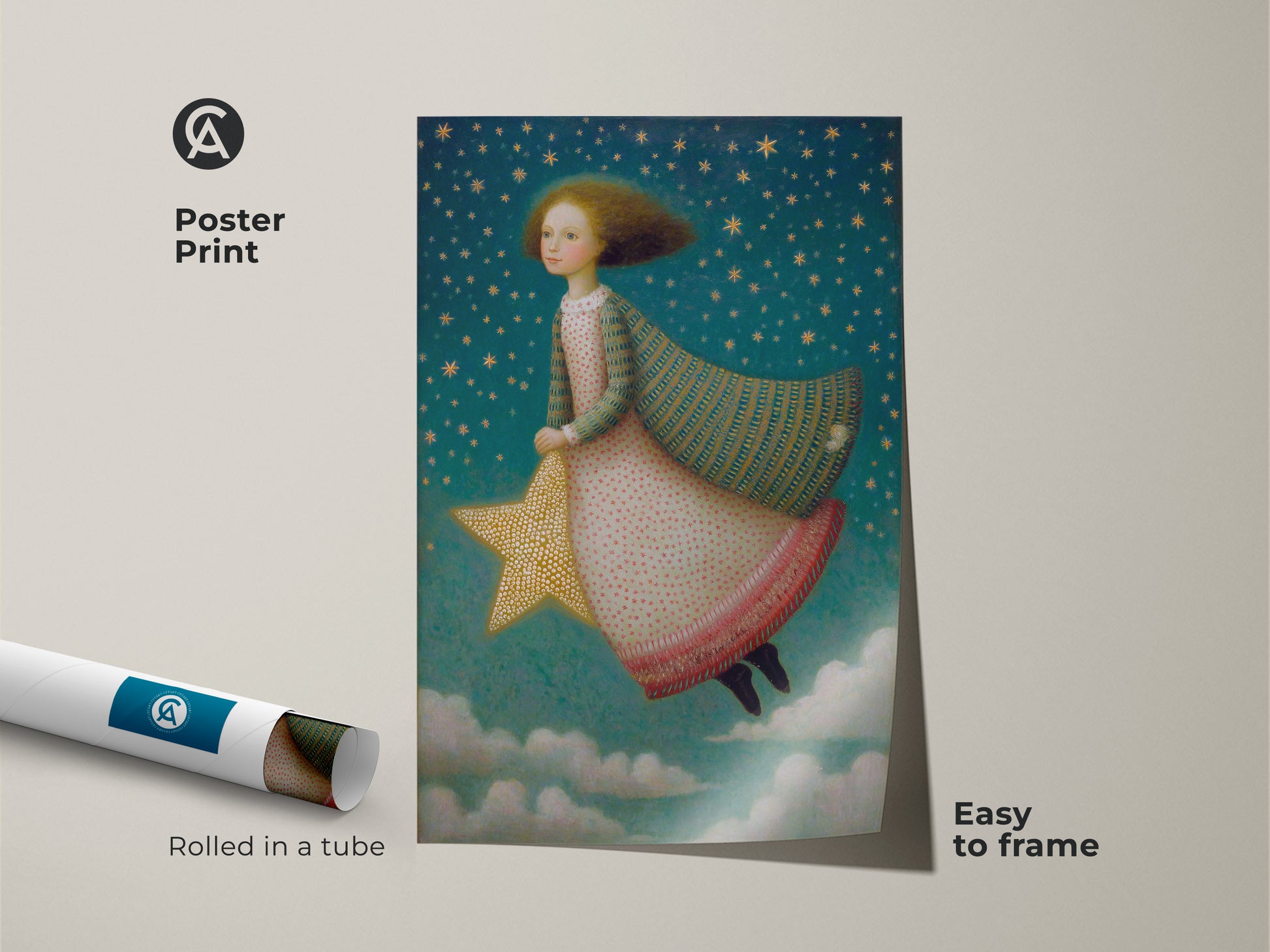 A girl on a gold star flies through a teal starry sky in this poster art print. This celestial nursery art and kids room wall decor is easy to frame. A whimsical fantasy artwork rolled in a tube for convenient shipping. A unique gift for young dreamers.
