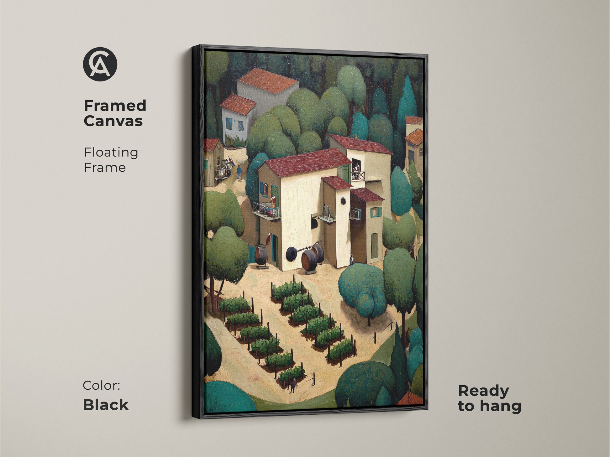 Framed canvas showcasing rustic village wall art. The folk art vineyard print has a terracotta green landscape. Naive art shows a countryside scene. Perfect wine lover housewarming gift adds farmhouse kitchen decor. Ready to hang.