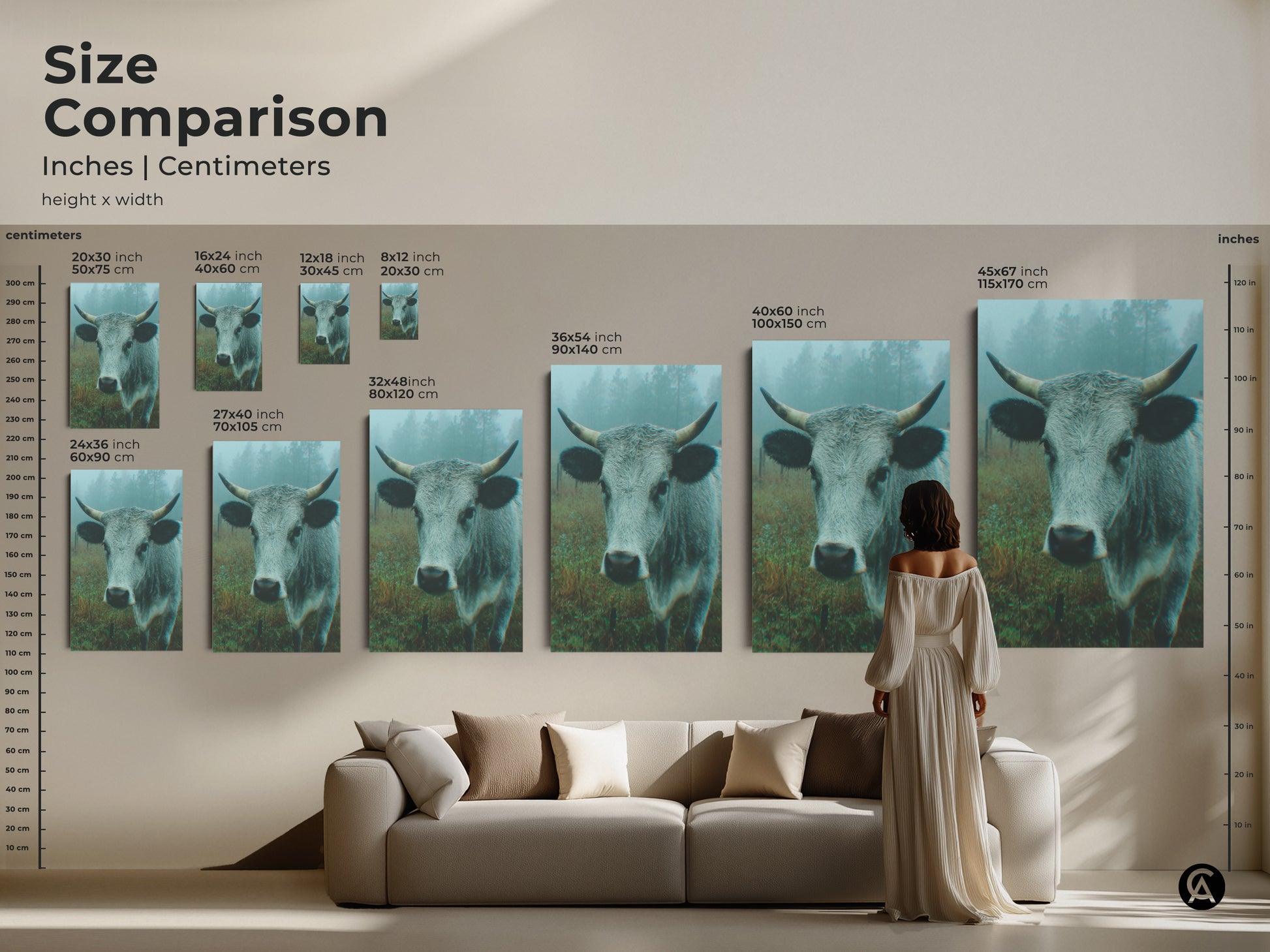 Size comparison of cow artwork. The artwork is available in various sizes from small to large. It shows how each piece fits above a couch. It helps visualize the artwork in your space.