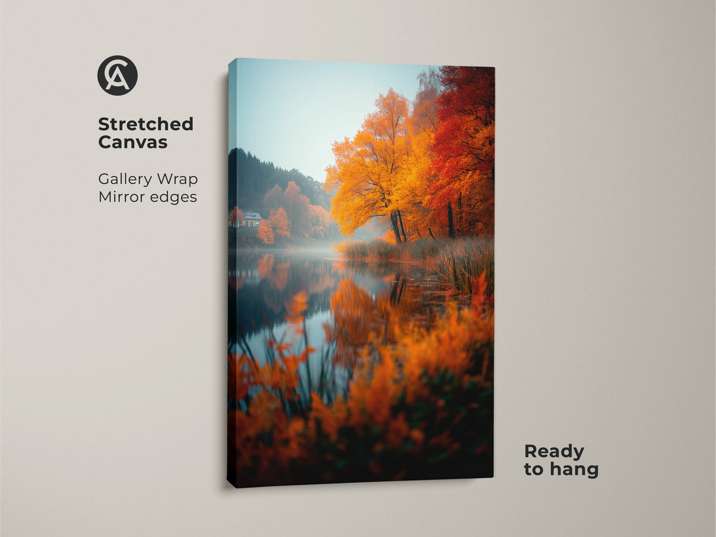Stretched canvas artwork of an autumn lake. The gallery wrap has mirror edges. It is ready to hang. The fall colors are vibrant. This art adds warmth to any room. Perfect for home decor.