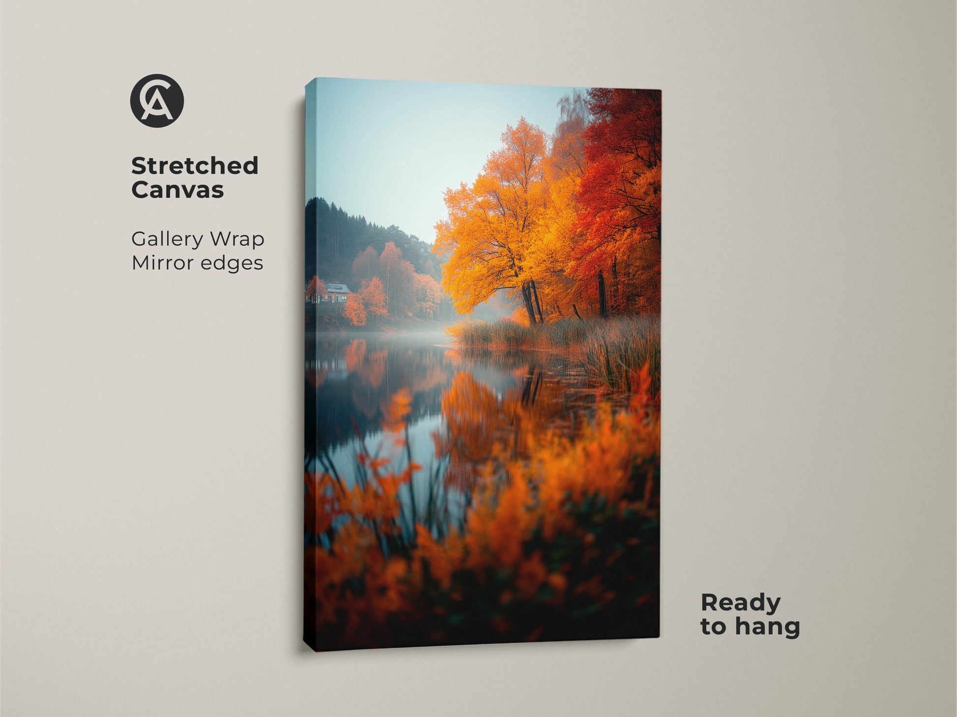 Stretched canvas artwork of an autumn lake. The gallery wrap has mirror edges. It is ready to hang. The fall colors are vibrant. This art adds warmth to any room. Perfect for home decor.
