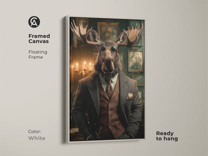 Steampunk moose framed canvas. This Victorian gentleman art has a white floating frame. This dapper animal portrait is ready to hang. It provides eclectic office decor. This vintage moose artwork adds a unique touch.