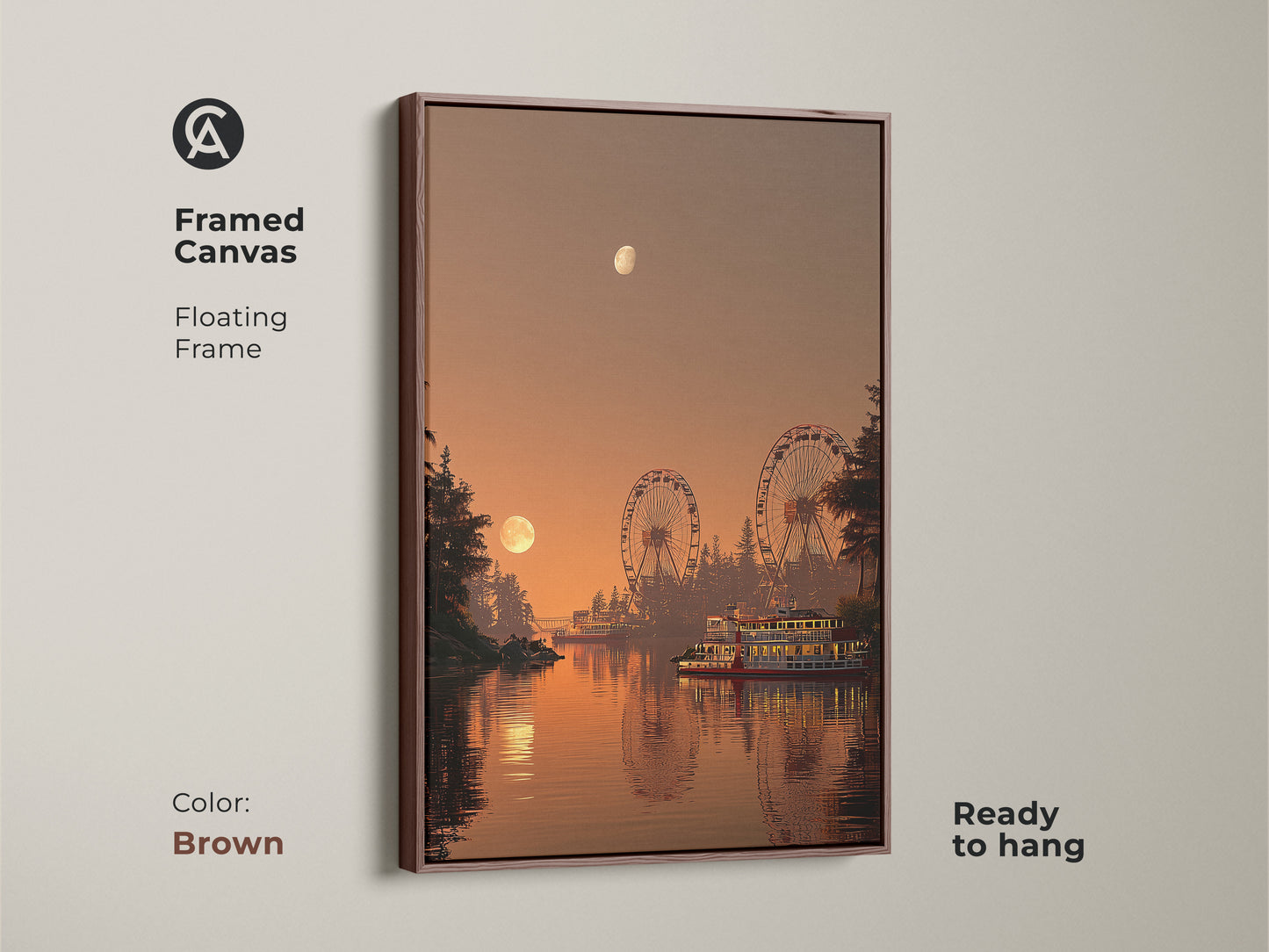 Framed canvas of a retro amusement park with a floating brown frame. The sunset and steamboat create a warm nostalgic travel vibe. This scenic landscape canvas is ready to hang as unique wall art.