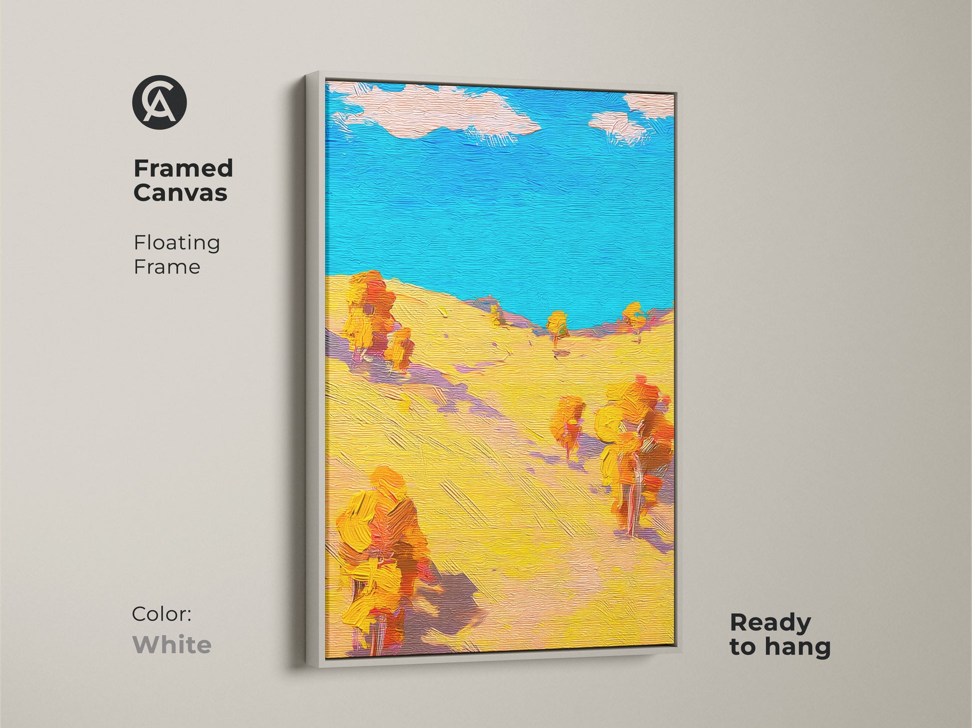 Framed in white this abstract landscape artwork is ready to hang. The colorful nature art will add a touch of sophistication to your home. The vibrant autumn trees canvas is great as wall decor.
