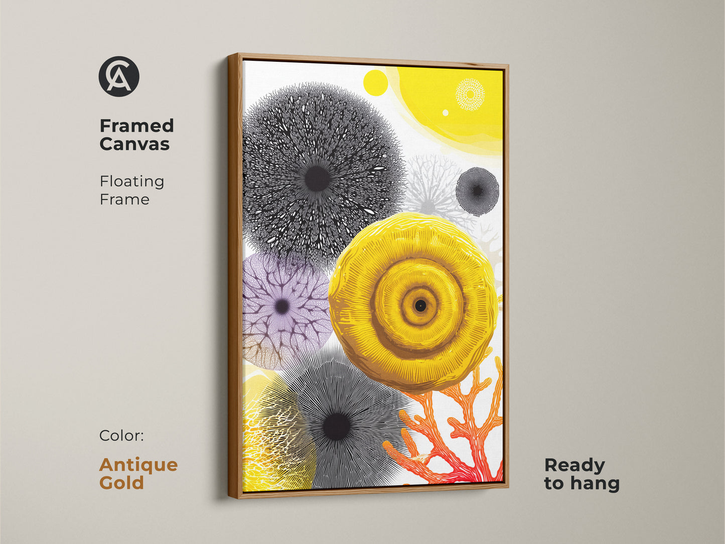 Antique gold frame showcases a unique abstract botanical canvas print. The vibrant yellow purple art complements its organic shapes. Ideal housewarming gift art for a contemporary space. Ready to hang.