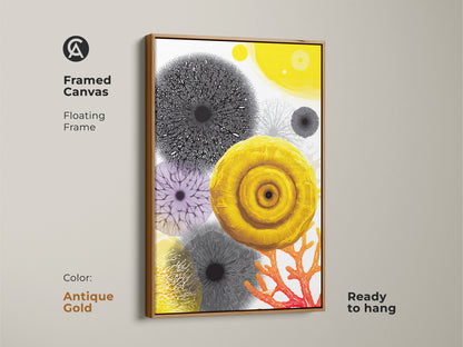 Antique gold frame showcases a unique abstract botanical canvas print. The vibrant yellow purple art complements its organic shapes. Ideal housewarming gift art for a contemporary space. Ready to hang.