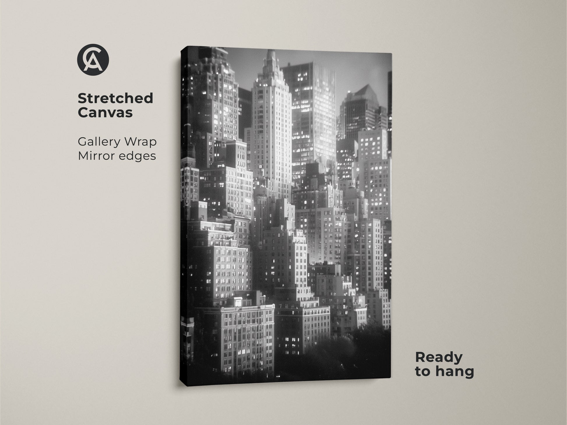 This stretched canvas features a gallery wrap and mirrored edges. The black and white city skyline artwork is ready to hang. Enhance your decor with this captivating NYC art.