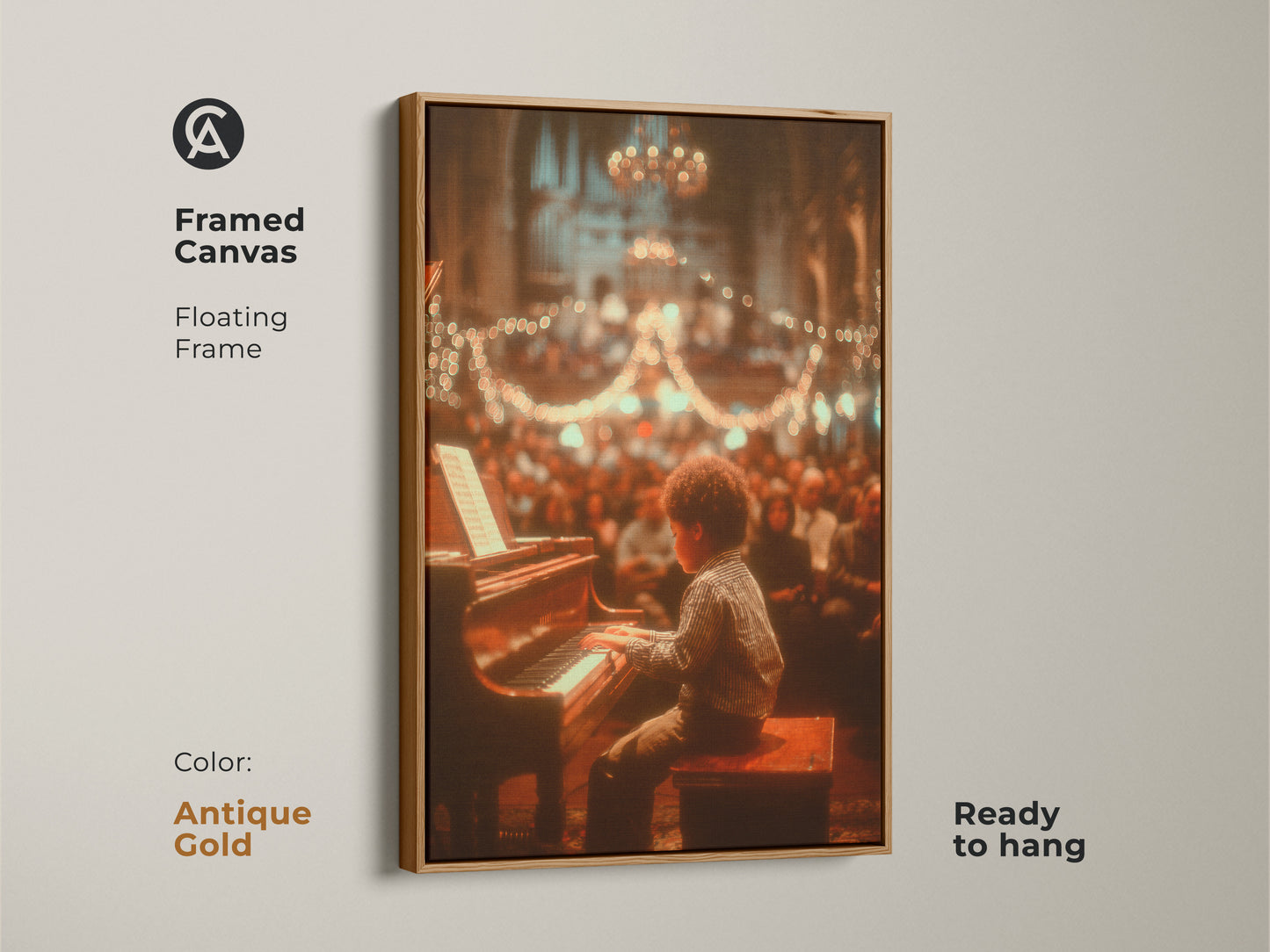 This framed canvas features a floating frame in antique gold. The artwork shows a young boy playing piano in front of a crowd. This art is ready to hang. It brings a vintage charm to any space.