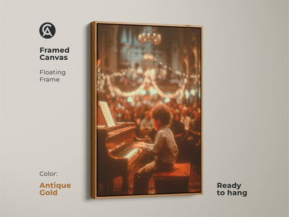 This framed canvas features a floating frame in antique gold. The artwork shows a young boy playing piano in front of a crowd. This art is ready to hang. It brings a vintage charm to any space.
