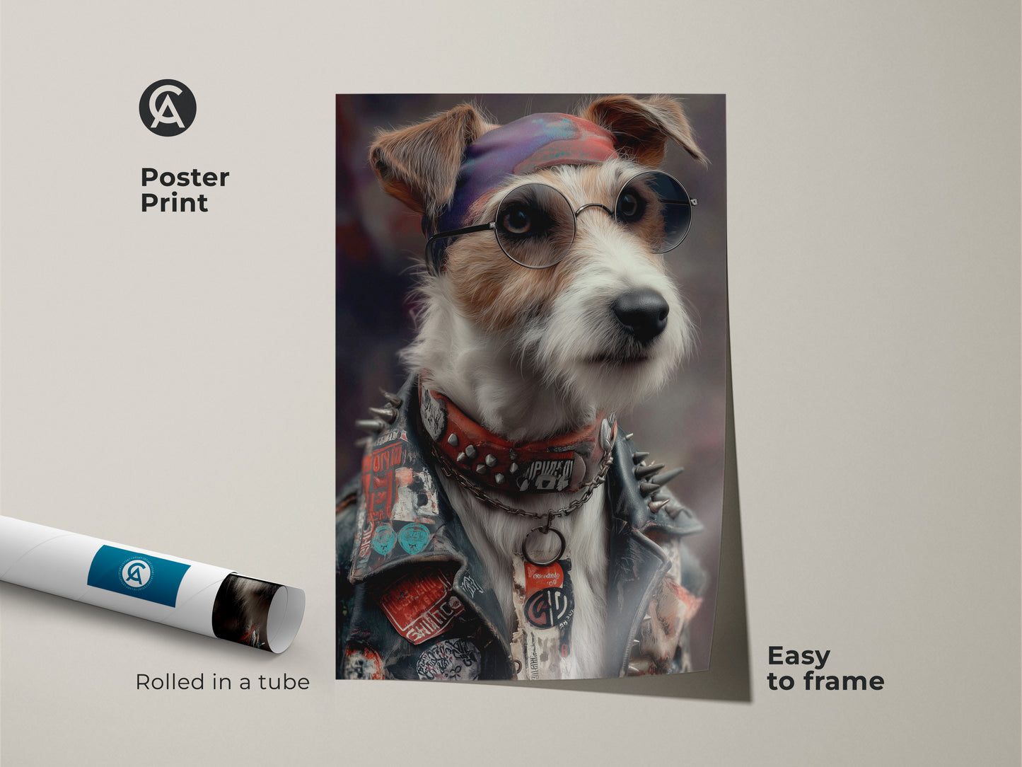 Poster Print featuring a Neo-Victorian Punk Jack Russell Terrier. The vibrant and edgy dog artwork adds a unique touch. This animal portrait is perfect for eclectic home decor. Easy to frame this punk rock dog canvas print brings rebellious charm.