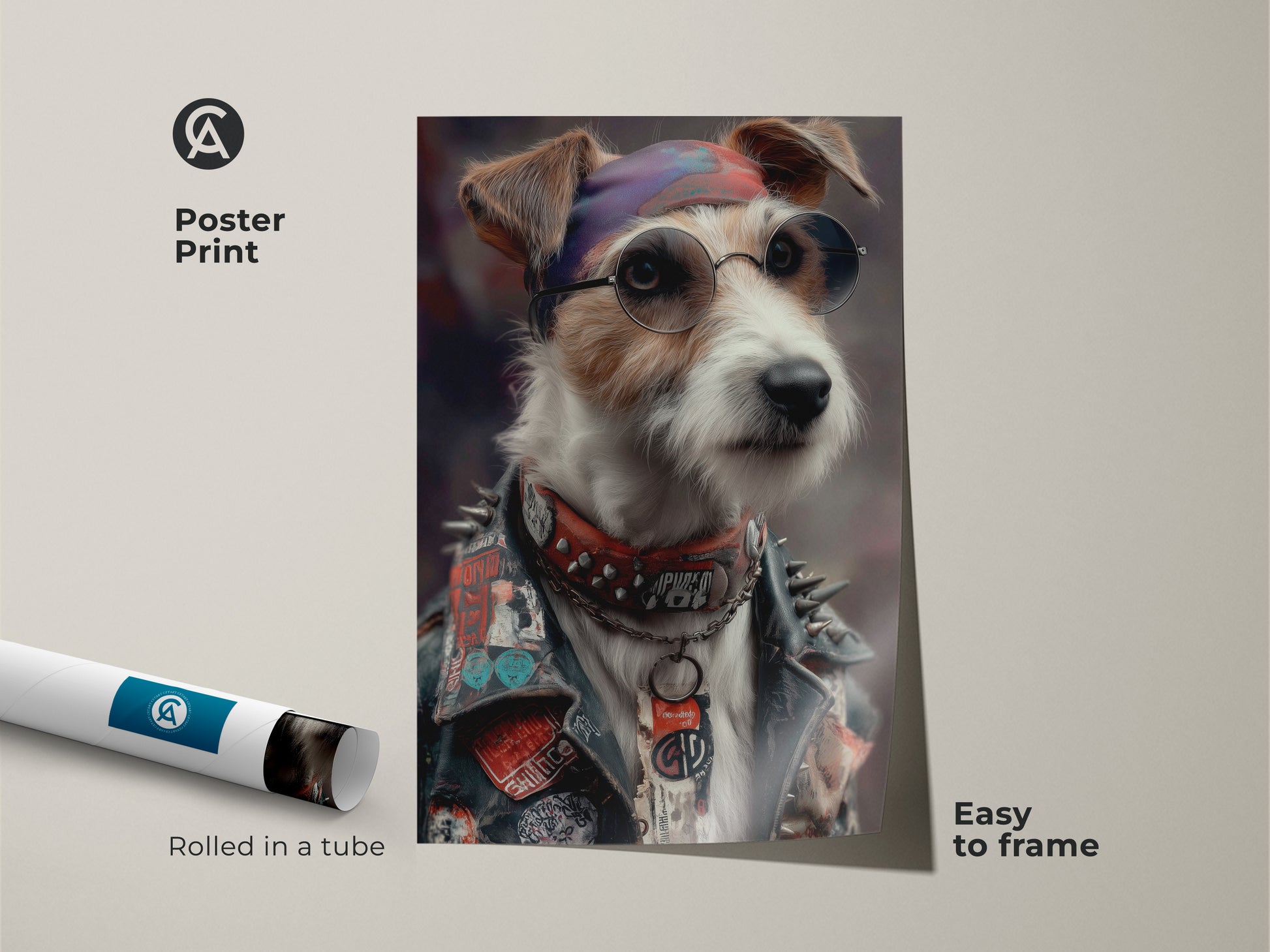 Poster Print featuring a Neo-Victorian Punk Jack Russell Terrier. The vibrant and edgy dog artwork adds a unique touch. This animal portrait is perfect for eclectic home decor. Easy to frame this punk rock dog canvas print brings rebellious charm.