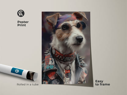 Poster Print featuring a Neo-Victorian Punk Jack Russell Terrier. The vibrant and edgy dog artwork adds a unique touch. This animal portrait is perfect for eclectic home decor. Easy to frame this punk rock dog canvas print brings rebellious charm.