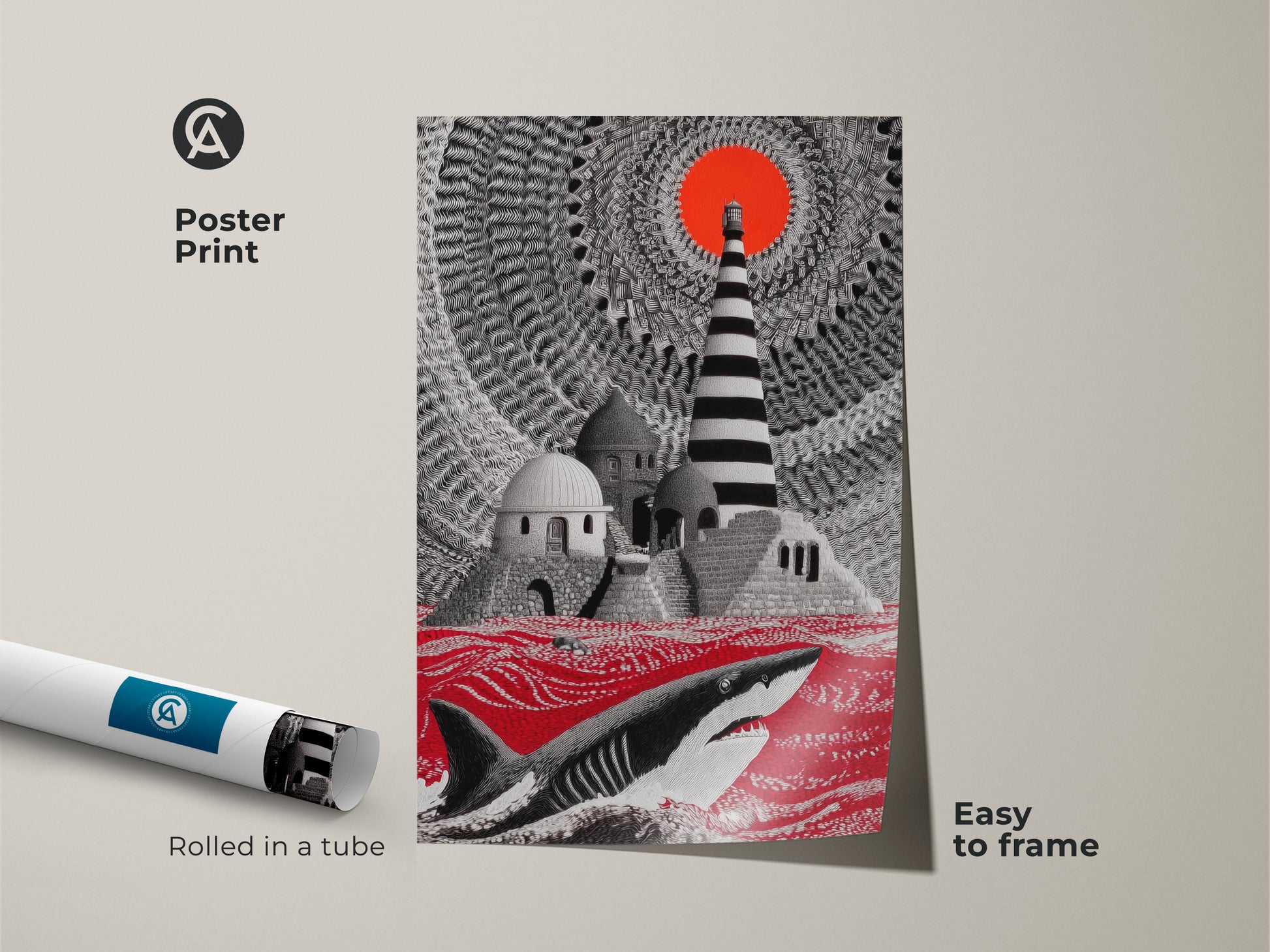 Poster print features surreal shark art. The crimson ocean canvas art includes a lighthouse print. This fantasy art for him is easy to frame a perfect eclectic home decor gift. Rolled in a tube for protection.