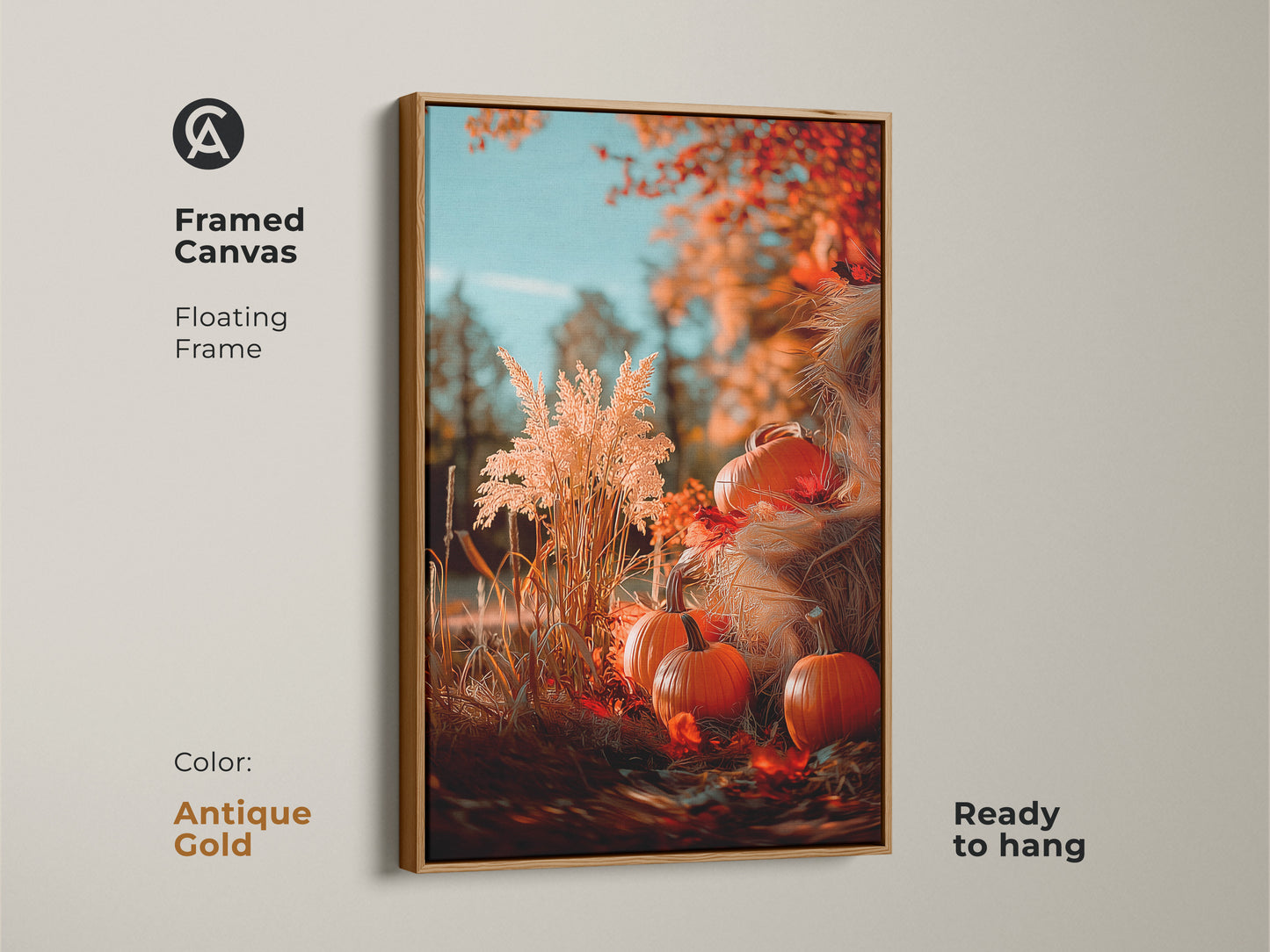 Elevate your space with this framed canvas pumpkin art in antique gold. This autumn artwork features pumpkins and fall foliage. A floating frame adds a touch of sophistication. It's ready to hang and enjoy this seasonal beauty.
