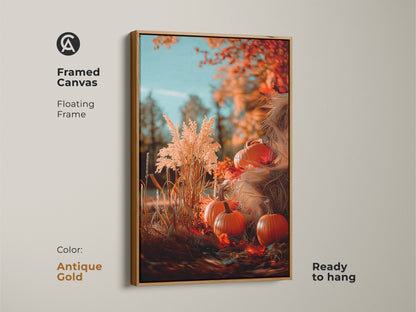 Elevate your space with this framed canvas pumpkin art in antique gold. This autumn artwork features pumpkins and fall foliage. A floating frame adds a touch of sophistication. It's ready to hang and enjoy this seasonal beauty.