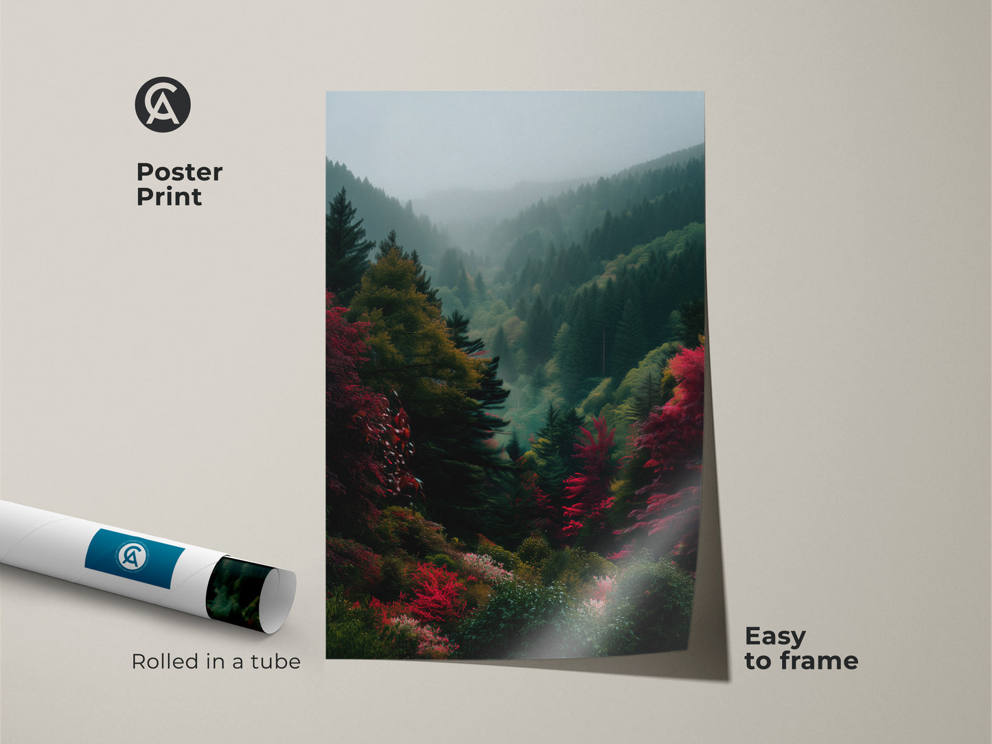 Poster Print art featuring a misty mountain landscape. This museum-quality paper is easy to frame. Rolled in a tube for protection. Add natural beauty to your walls with this scenic artwork.