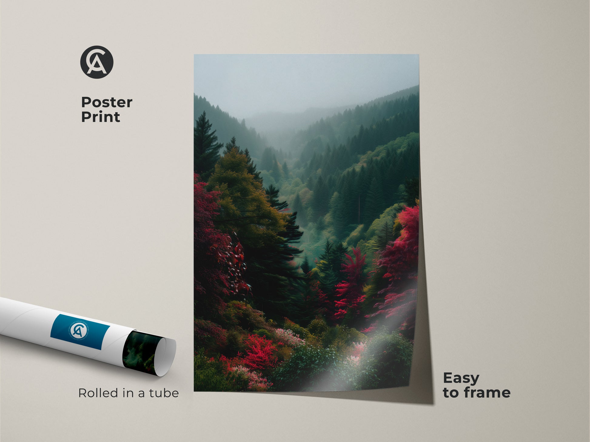 Poster Print art featuring a misty mountain landscape. This museum-quality paper is easy to frame. Rolled in a tube for protection. Add natural beauty to your walls with this scenic artwork.