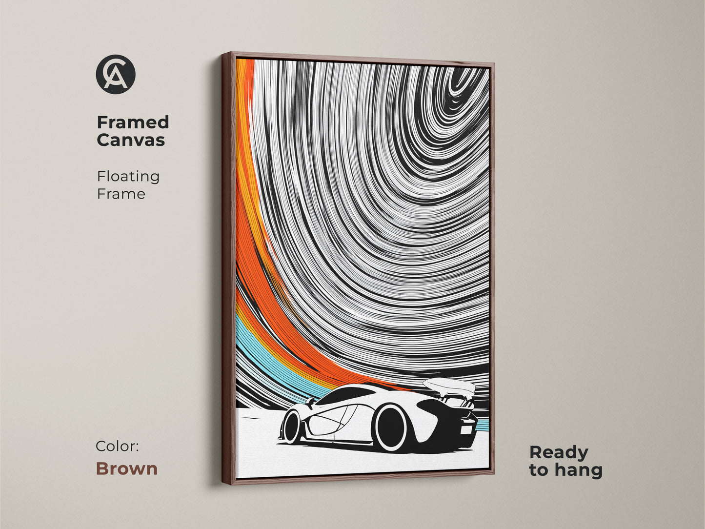 Elevate your space with this framed canvas in a brown floating frame. The abstract sports car print adds dynamic style. This modern automotive canvas is ready to hang and enjoy. The speed swirl wall art complements any decor. A great gift idea for F1 fans and car enthusiasts alike.