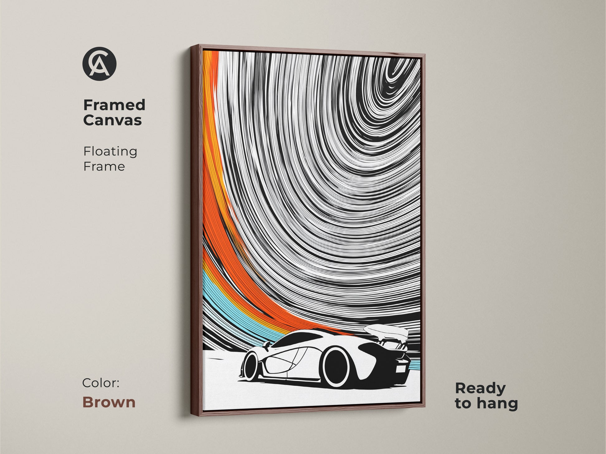 Elevate your space with this framed canvas in a brown floating frame. The abstract sports car print adds dynamic style. This modern automotive canvas is ready to hang and enjoy. The speed swirl wall art complements any decor. A great gift idea for F1 fans and car enthusiasts alike.