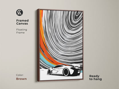 Elevate your space with this framed canvas in a brown floating frame. The abstract sports car print adds dynamic style. This modern automotive canvas is ready to hang and enjoy. The speed swirl wall art complements any decor. A great gift idea for F1 fans and car enthusiasts alike.