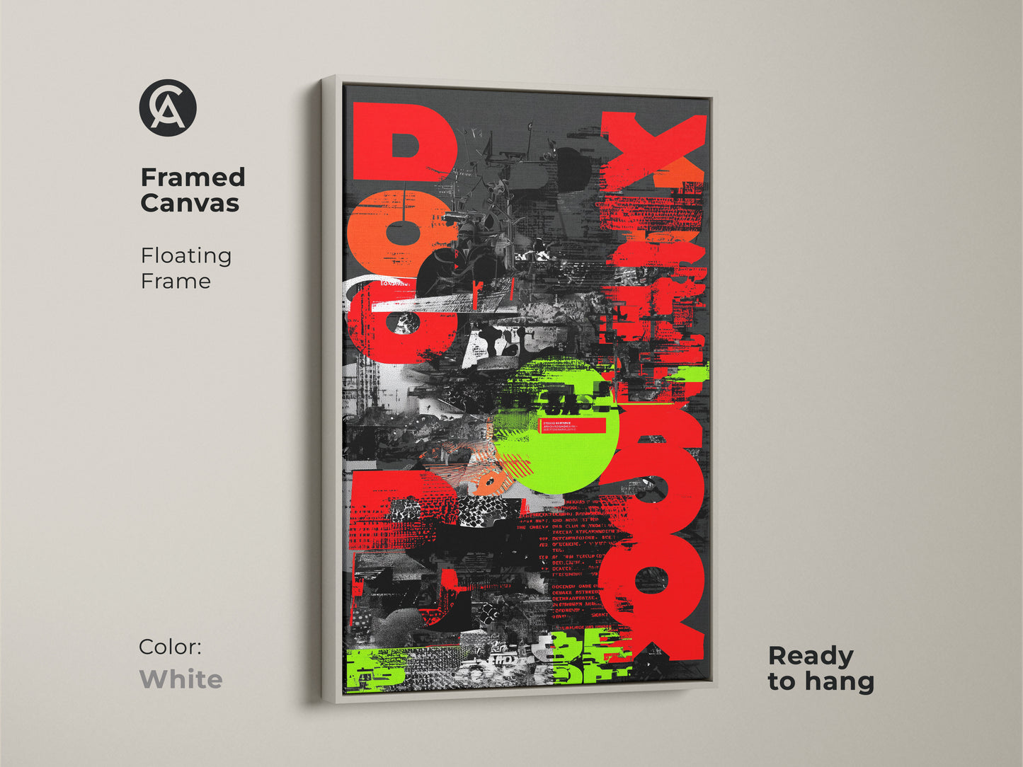 White Framed Canvas featuring Red Neon Green Abstract. This glitch typography collage is ideal for industrial office decor. The modern collage artwork is ready to hang. The floating frame adds a clean aesthetic. This unique wall art is a great gift for graphic enthusiasts. The distressed urban art adds a creative touch to your space.