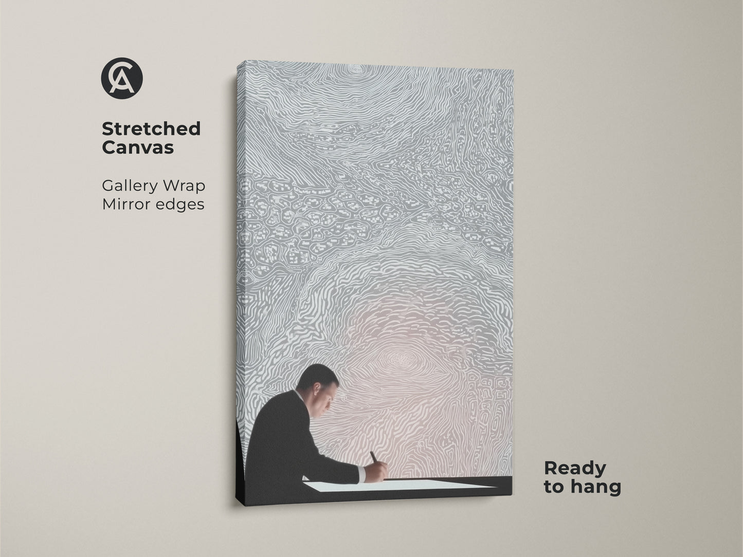 A Stretched canvas gallery wrap showcases a minimalist man writing art print. Ready to hang this contemporary conceptual artwork adds intellectual creativity to any professional workspace or office wall. It's modern and abstract