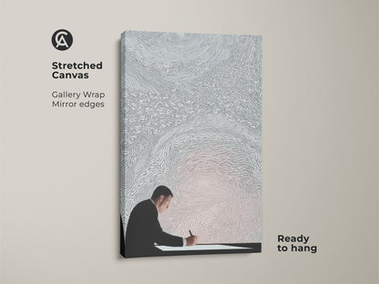 A Stretched canvas gallery wrap showcases a minimalist man writing art print. Ready to hang this contemporary conceptual artwork adds intellectual creativity to any professional workspace or office wall. It's modern and abstract