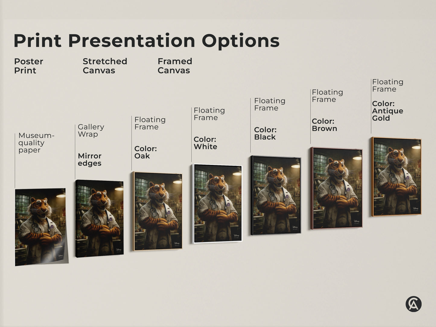Explore print presentation options for the tiger doctor artwork. Options include poster prints stretched canvas and framed canvas. Choose from gallery wrap museum-quality paper and floating frames. Customize your display with various colors and styles.