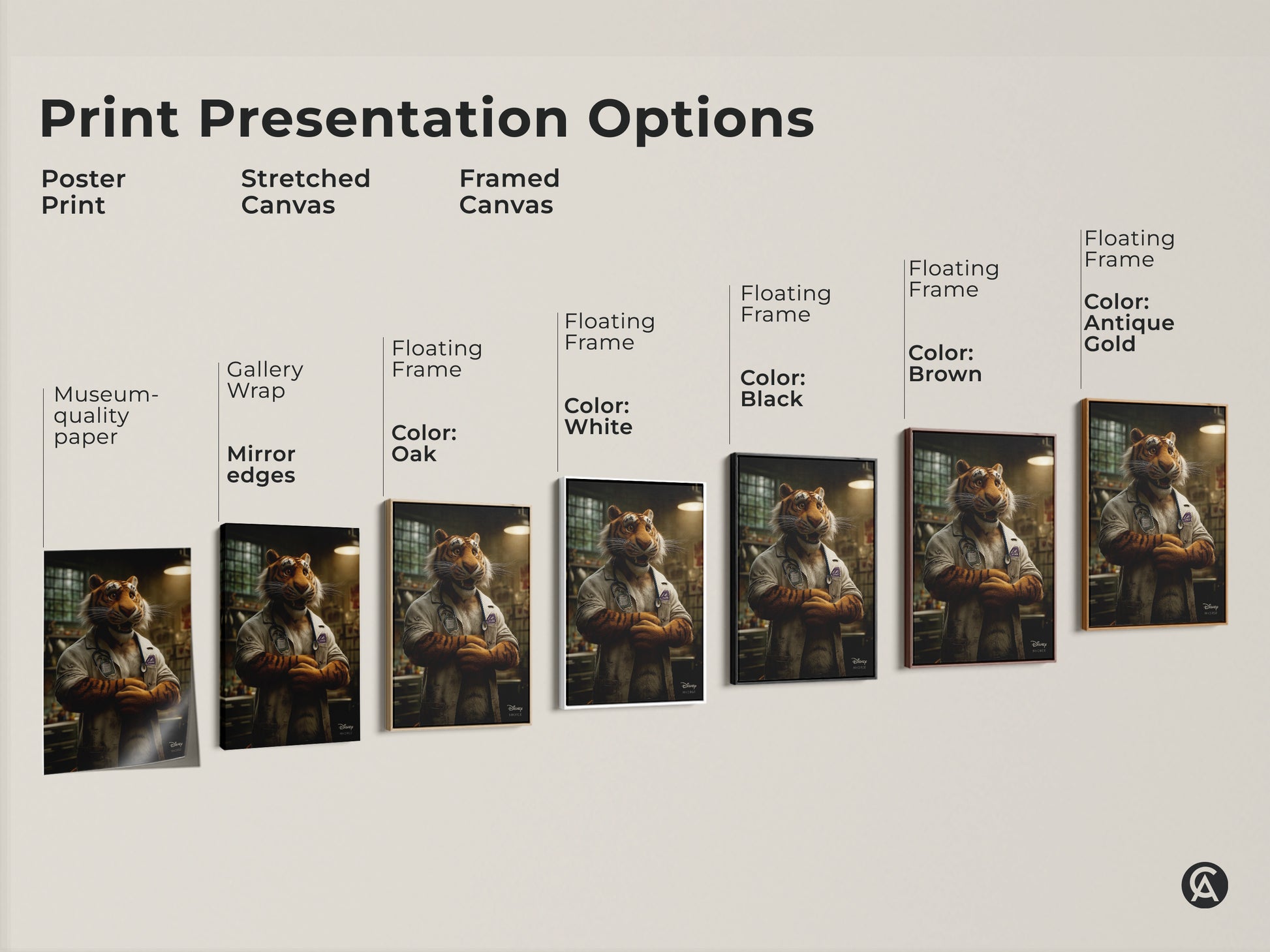 Explore print presentation options for the tiger doctor artwork. Options include poster prints stretched canvas and framed canvas. Choose from gallery wrap museum-quality paper and floating frames. Customize your display with various colors and styles.