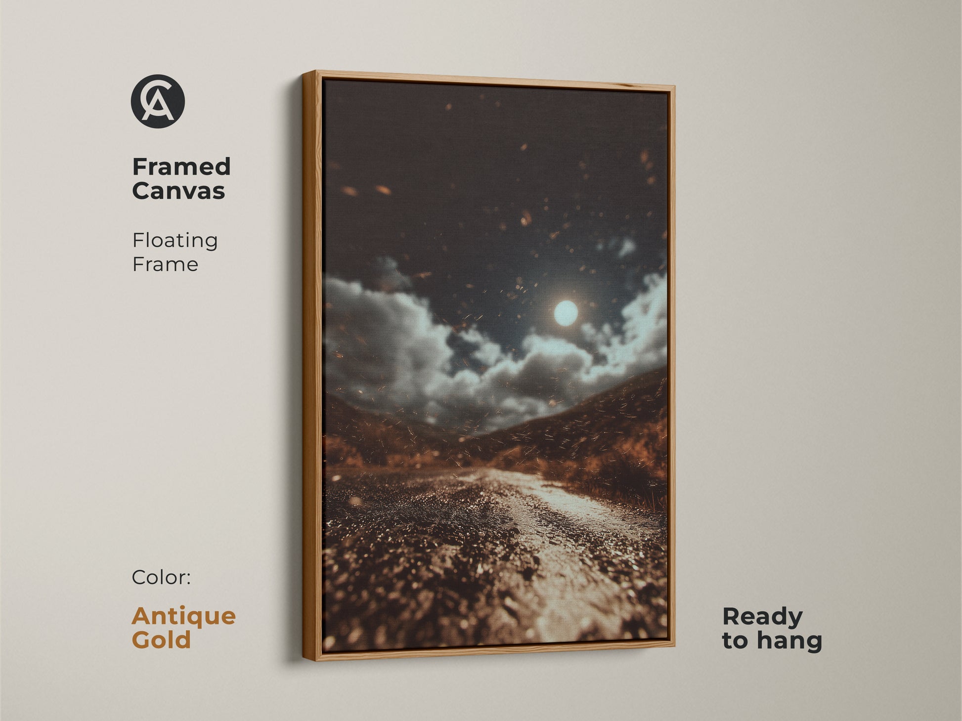 This antique gold framed canvas features a moonlit road. The dark brown landscape artwork includes gray and orange accents. It's an eclectic home decor piece ready to hang. The nature wall art print captures a celestial night sky. This cinematic road trip artwork brings a moody landscape. Perfect for travel lovers.