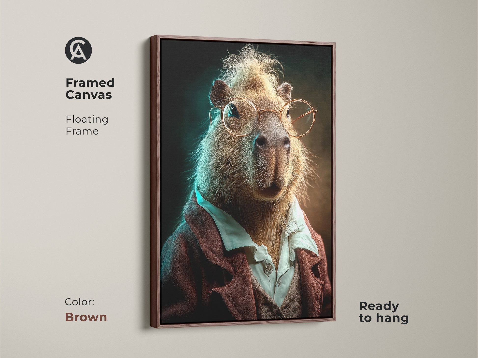Framed canvas with a brown floating frame. It features capybara wall art. This animal portrait adds warmth to home decor. A unique and funny gift for animal art collectors