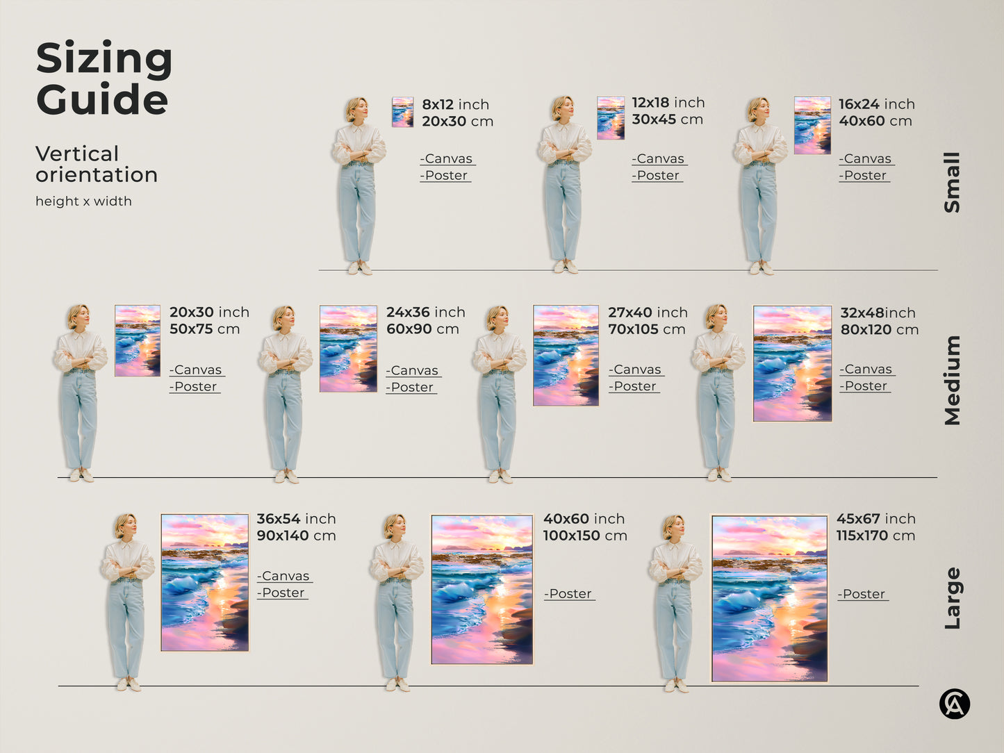 Sizing guide displays vertical orientation options. Choose from small medium or large sizes for canvas or poster. Find the perfect fit for your impressionistic ocean waves artwork to complement your coastal decor.
