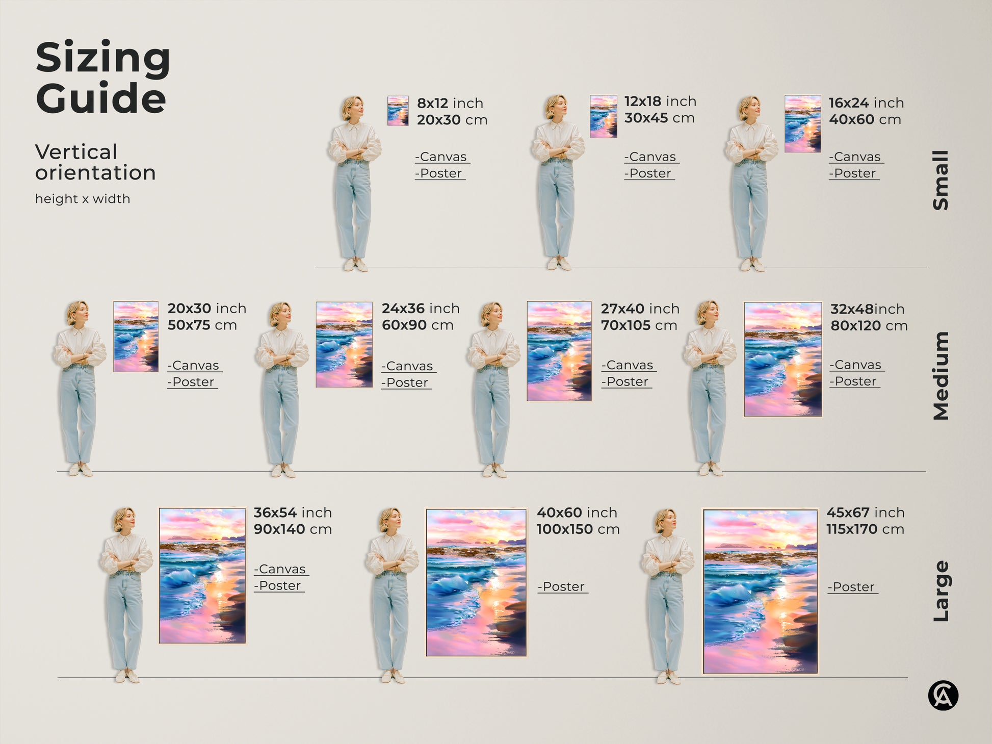 Sizing guide displays vertical orientation options. Choose from small medium or large sizes for canvas or poster. Find the perfect fit for your impressionistic ocean waves artwork to complement your coastal decor.