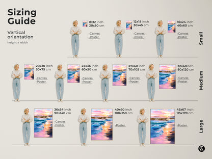 Sizing guide displays vertical orientation options. Choose from small medium or large sizes for canvas or poster. Find the perfect fit for your impressionistic ocean waves artwork to complement your coastal decor.