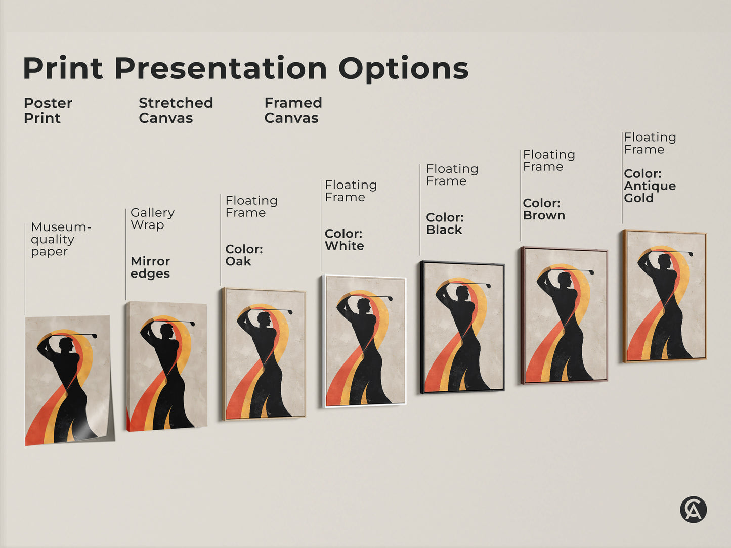 Print presentation options for abstract golf art. Options for poster print stretched canvas and framed canvas. Museum-quality paper with floating frame color options shown.