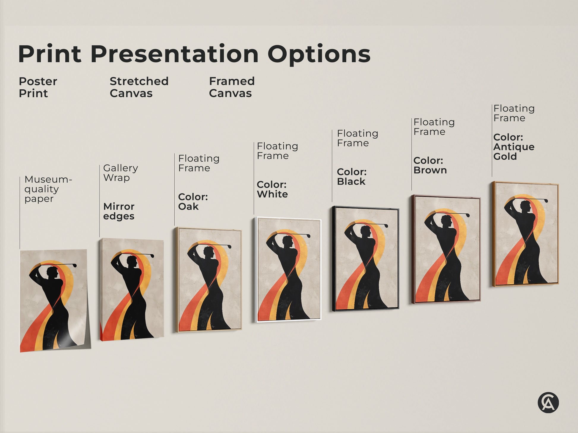 Print presentation options for abstract golf art. Options for poster print stretched canvas and framed canvas. Museum-quality paper with floating frame color options shown.