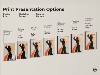 Print presentation options for abstract golf art. Options for poster print stretched canvas and framed canvas. Museum-quality paper with floating frame color options shown.